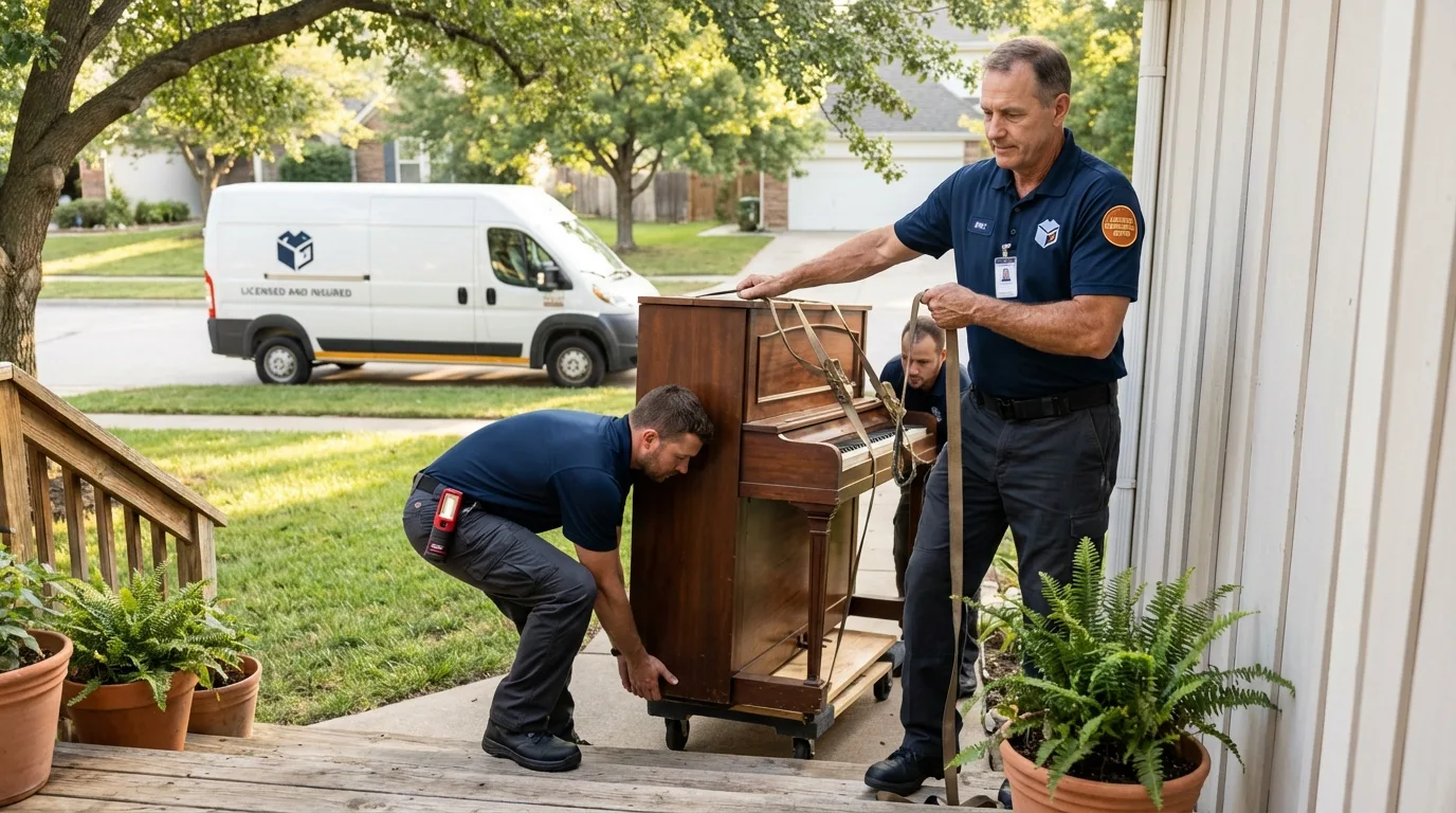 Licensed piano movers securing grand piano in Helmetta, NJ