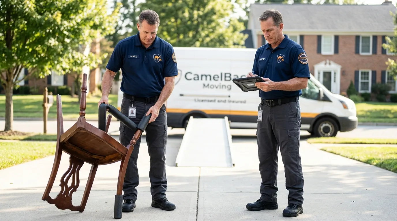 Movers inspecting furniture for damage prevention before loading in Helmetta, NJ